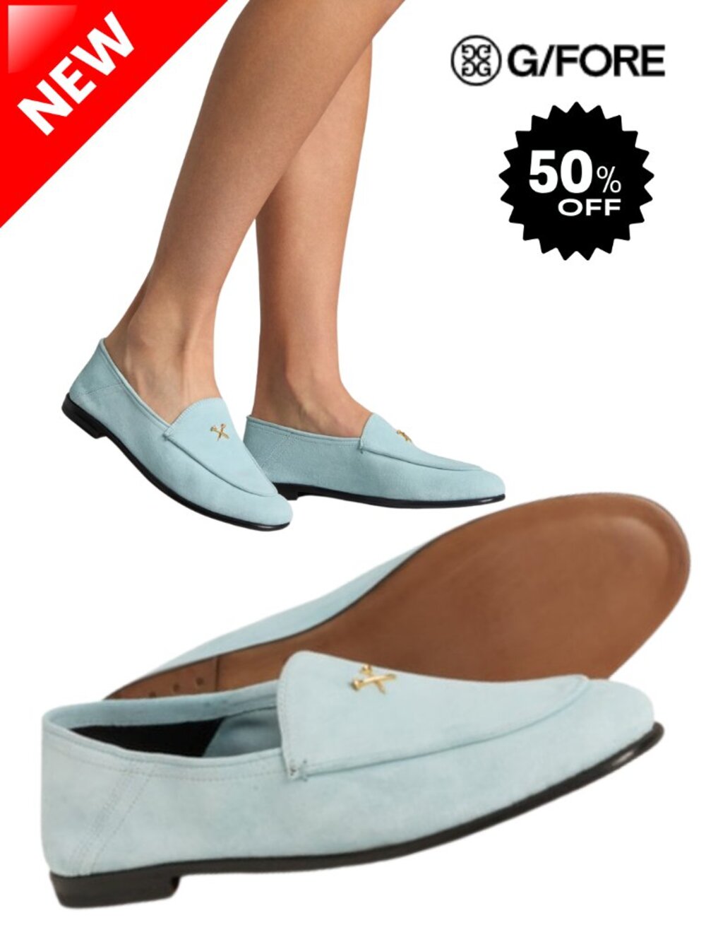 G/FORE Made in Italy Metal Tees Flex Loafers - Suede Blue Womens Golf NIB NEW